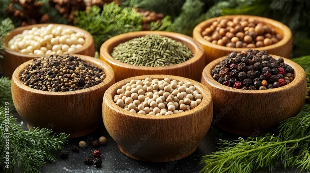 Fototapeta premium Assorted Scandinavian Spices Displayed in Wooden Bowls