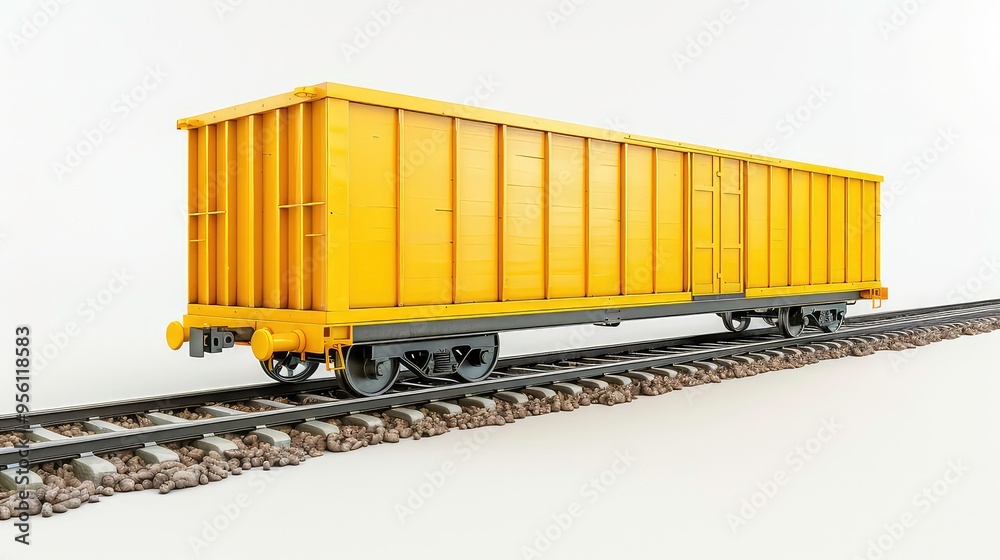 Yellow freight train car on tracks against a white background. Yellow freight train car on tracks against a white background.