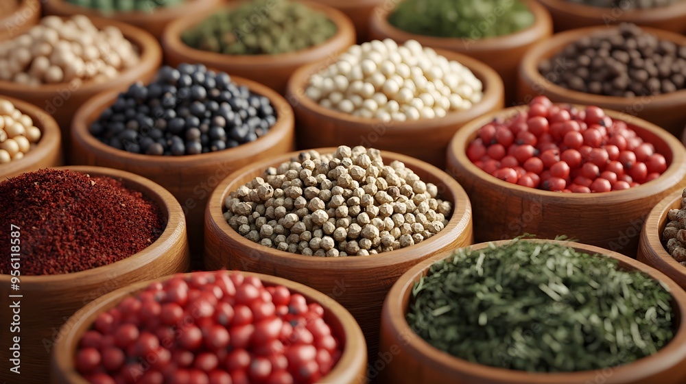 Assorted Scandinavian Spices Displayed in Wooden Bowls Assorted Scandinavian Spices Displayed in Wooden Bowls