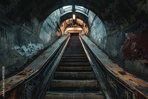 A solitary escalator descends into the depths of a dimly lit tunnel, its worn metal steps leading to an unknown destination.