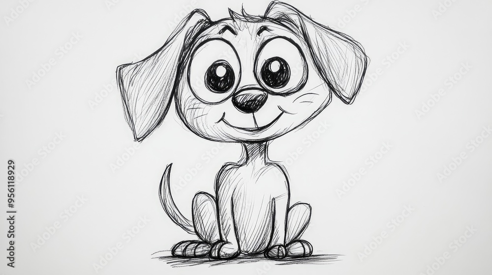 A simple doodle of a cartoon dog with large eyes and floppy ears, drawn with minimalistic lines in black ink on a white background A simple doodle of a cartoon dog with large eyes and floppy ears, drawn with minimalistic lines in black ink on a white background