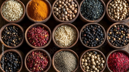 Assorted West African Spices Arranged in Small Bowls for Culinary Use