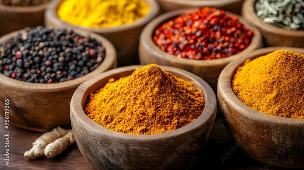 Assortment of African Spices Arranged in Wooden Bowls Assortment of African Spices Arranged in Wooden Bowls