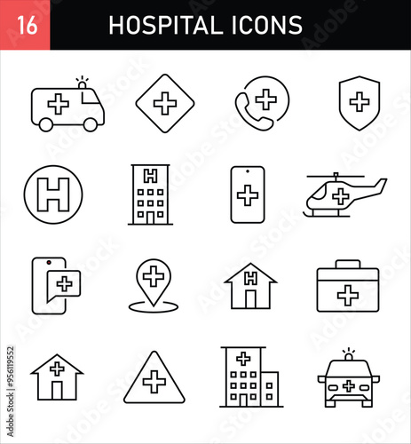 16 Healthcare Icons Set Hospital Symbol, Red Cross, Emergency, Saving People, SOS, Help
