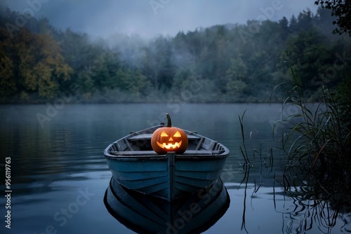Carved pumpkin on a boat in a misty lake surrounded by dense forest.