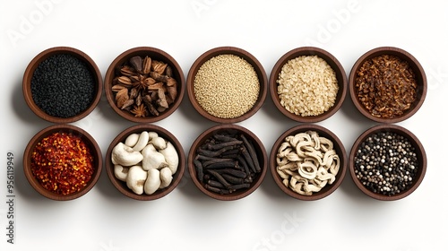 Assortment of Asian Spices Arranged in Small Bowls for Gourmet Cooking