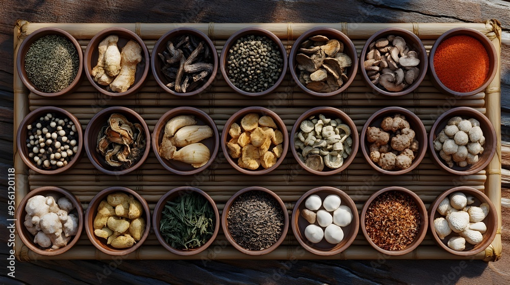 Assortment of Dried Asian Spices Neatly Arranged on Bamboo Mat Assortment of Dried Asian Spices Neatly Arranged on Bamboo Mat