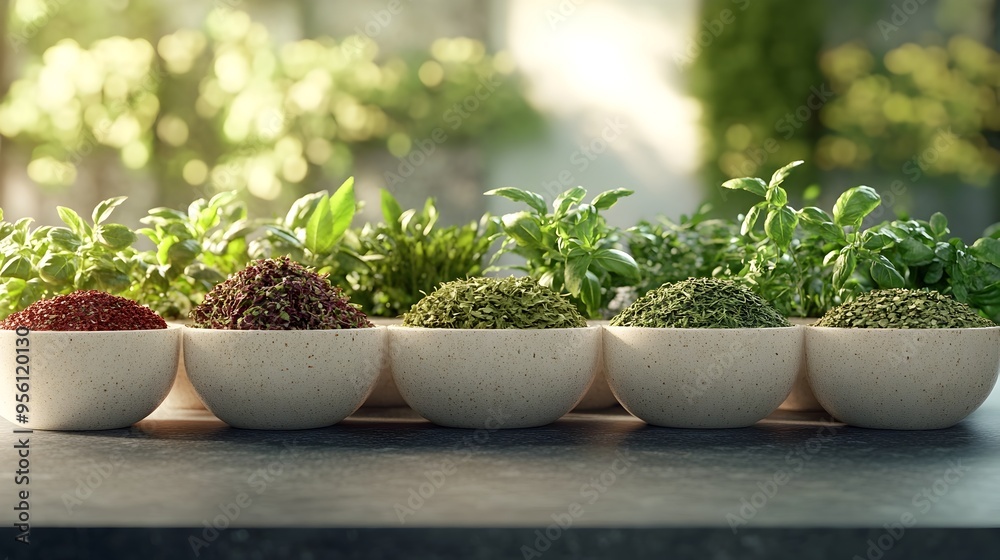 Assortment of Dried Fragrant Herbs in Ceramic Bowls for Gourmet Cooking Assortment of Dried Fragrant Herbs in Ceramic Bowls for Gourmet Cooking