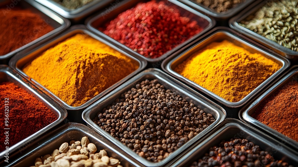 Assortment of Earthy African Spices in Rustic Metal Containers