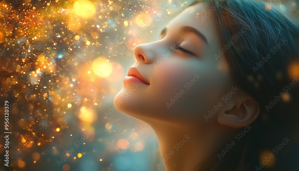 Create a magical scene of a free spirit floating in a blissful, lightfilled realm, with rich color details, a deep field of view, and brilliant, sparkling bokeh effects Create a magical scene of a free spirit floating in a blissful, lightfilled realm, with rich color details, a deep field of view, and brilliant, sparkling bokeh effects