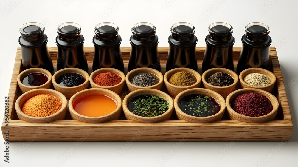 Assortment of Japanese Spices and Condiments on Wooden Tray Assortment of Japanese Spices and Condiments on Wooden Tray