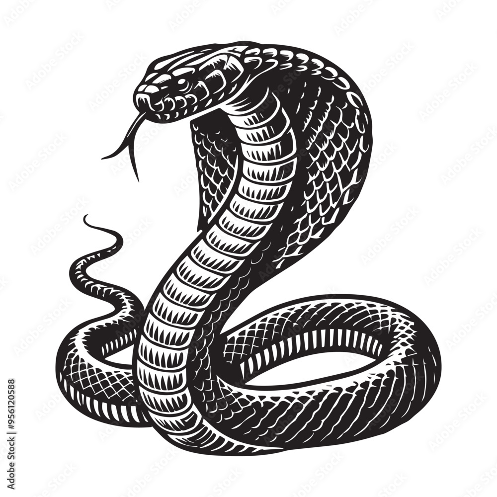 Fototapeta premium Egyptian Clipart Design - cobra snake a menacing hood Vector illustration in black and white