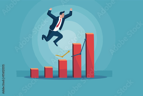 Businessman Jumping from Trampoline to Top of Growing Bar Graph, Recovering from Economic Crisis