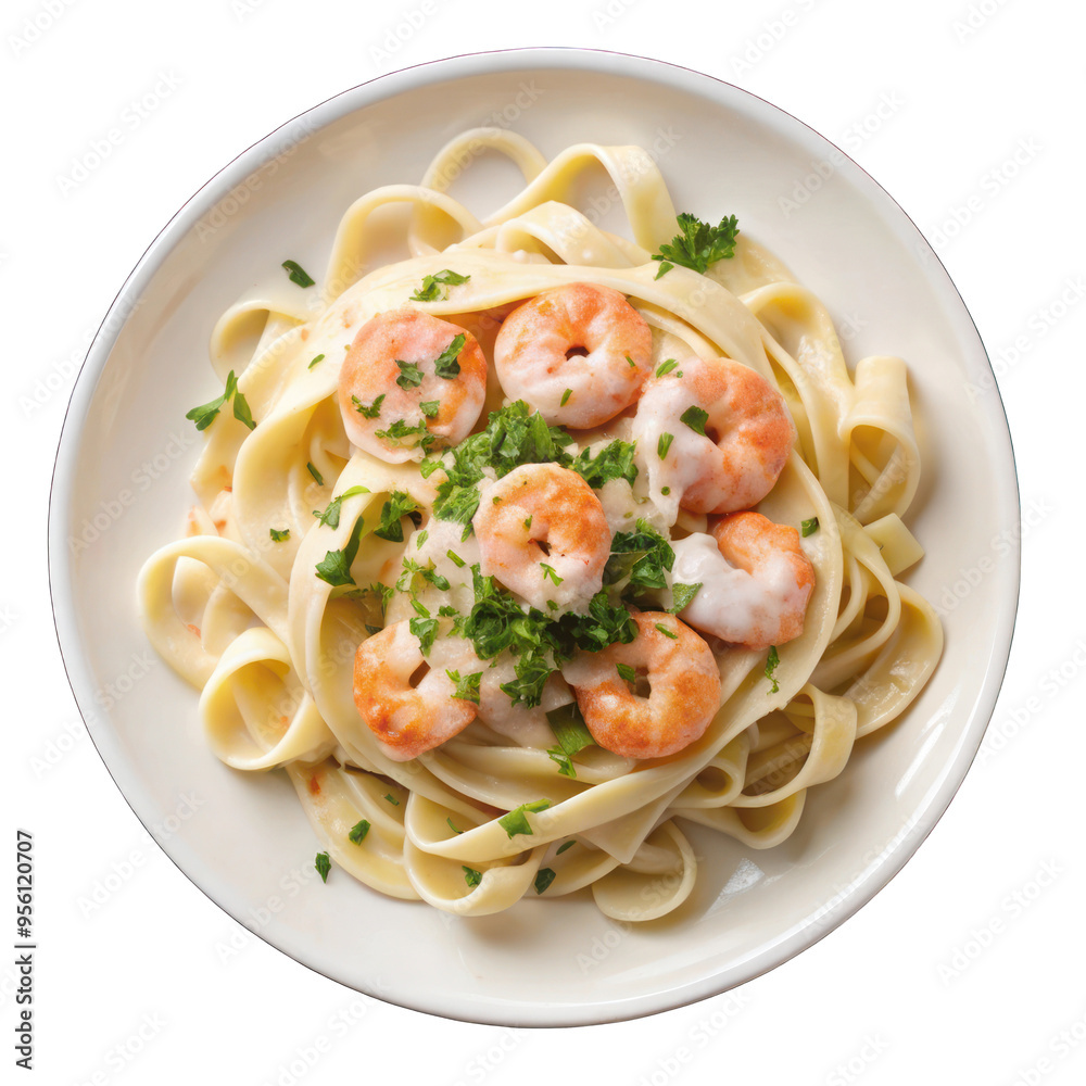 Shrimp Alfredo with fettuccine pasta in creamy sauce on white on transparent background Shrimp Alfredo with fettuccine pasta in creamy sauce on white on transparent background