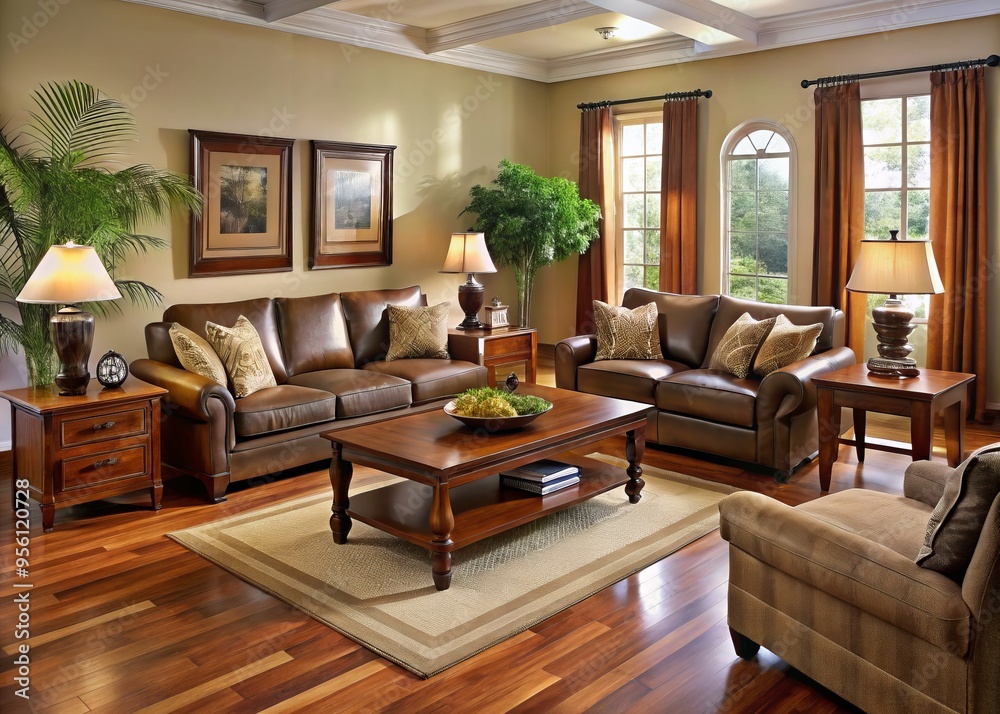 A serene living room emits warmth and charm with expertly crafted walnut furniture sets, creating a haven for A serene living room emits warmth and charm with expertly crafted walnut furniture sets, creating a haven for