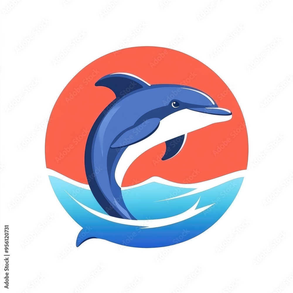 A Blue Dolphin Leaping Above Ocean Waves with a Red Sun Behind It A Blue Dolphin Leaping Above Ocean Waves with a Red Sun Behind It