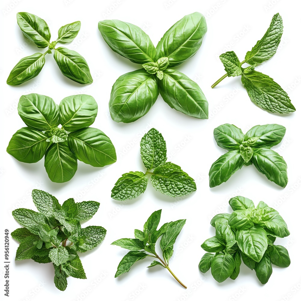 Fresh basil and mint leaves isolated on white background.