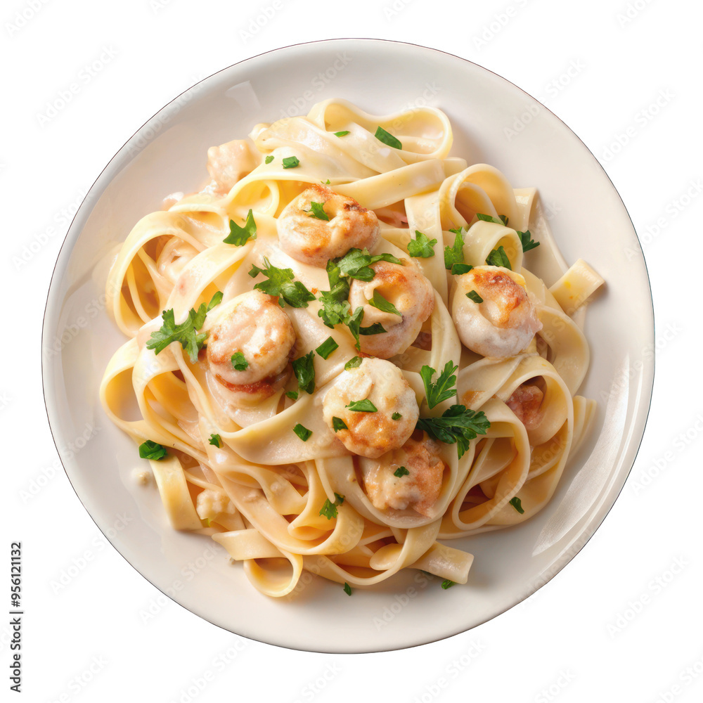 Shrimp Alfredo with fettuccine pasta in creamy sauce on white on transparent background Shrimp Alfredo with fettuccine pasta in creamy sauce on white on transparent background