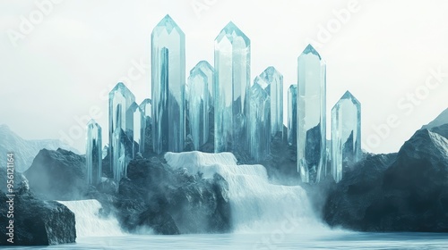 A minimalist terrain featuring towering crystals with cascading waterfalls, set against a simple, clean background