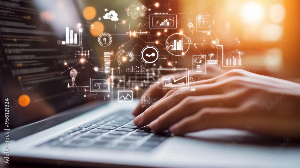 Close-up of hands typing on a laptop with digital project management icons floating above, technology in marketing using AI, white background, blurred foreground. Close-up of hands typing on a laptop with digital project management icons floating above, technology in marketing using AI, white background, blurred foreground.