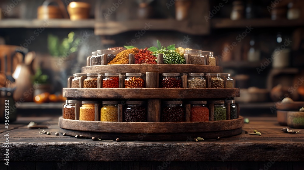 Carefully Organized Circular Spice Rack Displayed in Rustic Kitchen Interior Carefully Organized Circular Spice Rack Displayed in Rustic Kitchen Interior