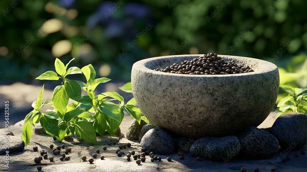 Close up 3D Render of Freshly Ground Sansho Peppercorns in Stone Mortar with Leaves Close up 3D Render of Freshly Ground Sansho Peppercorns in Stone Mortar with Leaves