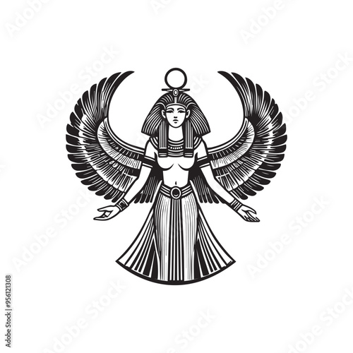 Egyptian Clipart Design - Winged Goddess of Ancient Egypt Vector illustration in black and white