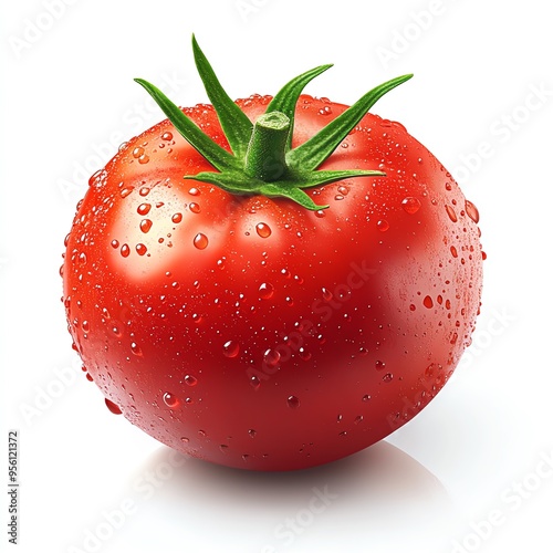 Fresh red tomato with water droplets, isolated on white background.