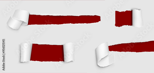 Torn paper roll. White rip page edge with hole. Realistic reveal sheet effect set for sale template. Open frame strip with broken border piece. Blank turn note or tag for advertising illustration