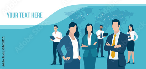 International experts. A team of six office workers. Business vector web illustration template.
