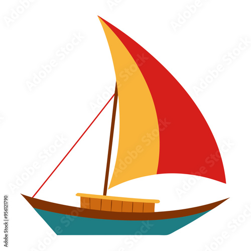 cartoon red and yellow traditional wooden felucca boat, egyptian transport, mediterranean travel