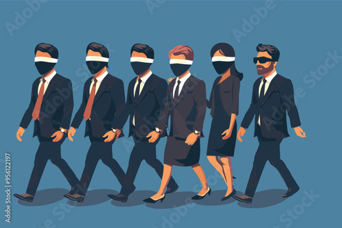 Blindfolded Businesspeople Following Leader in Crisis, Confusion and Unknown Situation Concept