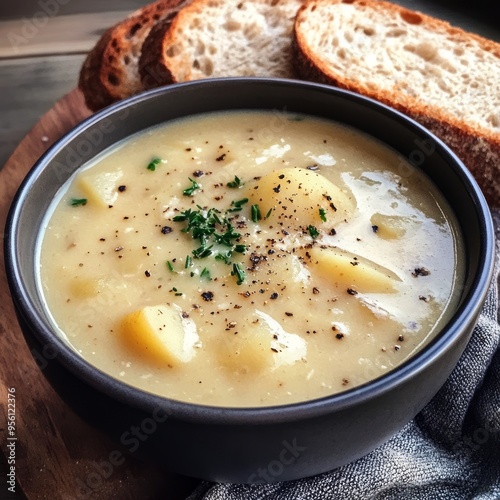 A bowl of creamy potato soup with fresh herbs and pepper, served with crusty bread.