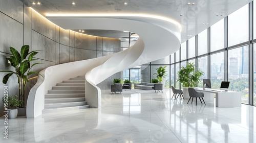 Interior of modern open space office with white walls, panoramic windows, carpet on the floor and large computer tables with chairs. Meeting room in background. 3d rendering photo