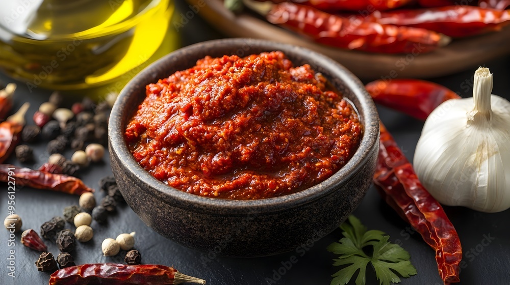 Close up of Traditional Tunisian Harissa Paste with Dried Chilies and Olive Oil Close up of Traditional Tunisian Harissa Paste with Dried Chilies and Olive Oil