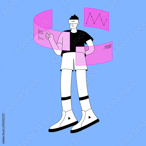 A person in futuristic VR glasses uses hologram technology while floating, shown in a flat design style representing technology and business.