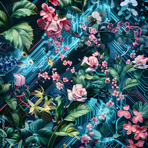 Blooming Circuitry: A vibrant symphony of nature and technology, where delicate flowers intertwine with glowing circuitry, symbolizing the harmonious fusion of organic beauty and digital innovation. 