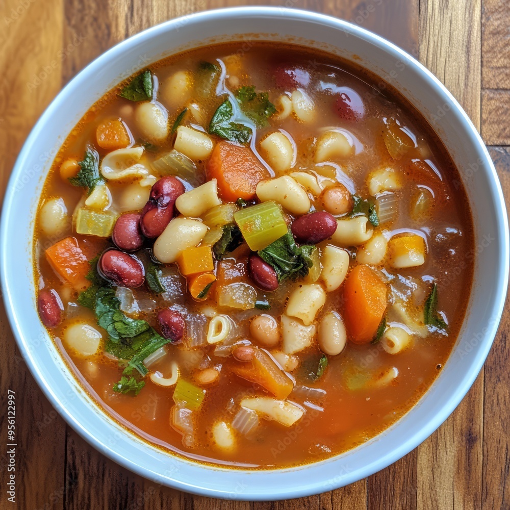 A bowl of minestrone soup with pasta, beans, carrots, celery, and spinach. A bowl of minestrone soup with pasta, beans, carrots, celery, and spinach.