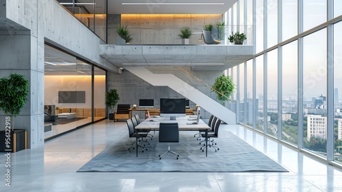 Interior of modern open space office with white walls, panoramic windows, carpet on the floor and large computer tables with chairs. Meeting room in background. 3d rendering photo