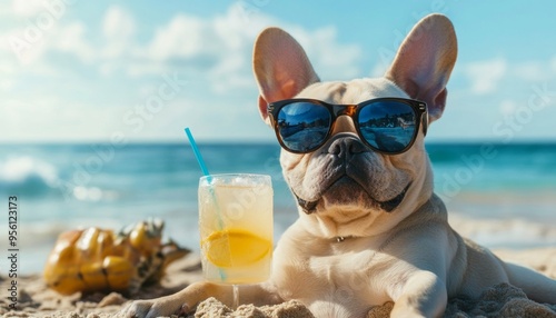 Playful French Bulldog in Paradise: Tropical Beach Vacation with Cocktail and Sunglasses. Creative Summer Marketing Concept for 2025-2027 Holiday Promotions. Versatile Illustration for NFT Art, Appare photo