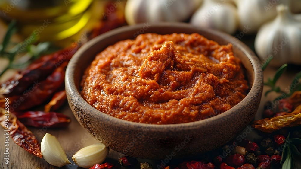 Closeup of Vibrant Traditional Tunisian Harissa Paste with Dried Chilies and Olive Oil Closeup of Vibrant Traditional Tunisian Harissa Paste with Dried Chilies and Olive Oil