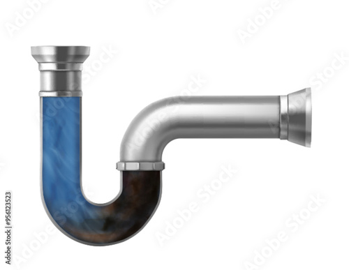 3d sink pipe clog. Drain plumbing in bathroom. 3d toilet siphon cleaning realistic graphic. Tube drainage icon in kitchen for cleaner advertising. Pipeline waste service isolated illustration