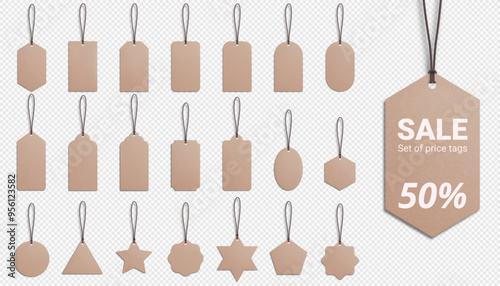 A set of realistic recycled paper price tags on a transparent background. Cardboard labels with a thread. Gift tags. Vector illustration. EPS 10.