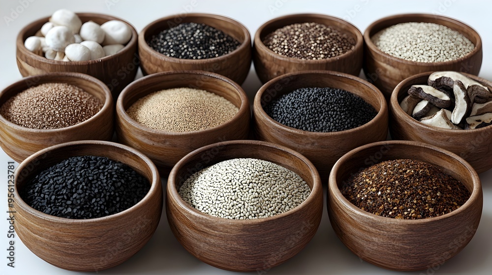 Display of Assorted Asian Spices and Seasonings in Bowls