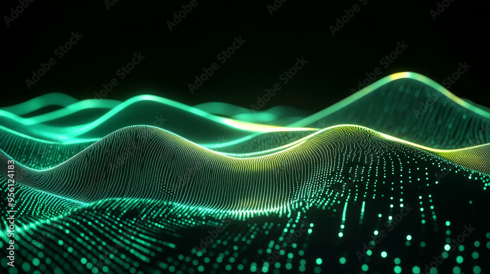 A digital landscape of glowing lines and dots in dark green, representing data visualization in business A digital landscape of glowing lines and dots in dark green, representing data visualization in business