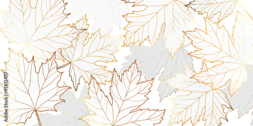 Luxury gold line art autumn leaf background vector. Natural botanical elegant foliage with maple leaf. Design illustration for decoration, wall decor, wallpaper, cover, banner, poster, card.