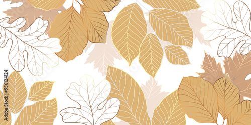 Luxury gold line art autumn leaf background vector. Natural botanical elegant foliage with maple, oak, jungle leaves. Design illustration for decoration, wall decor, wallpaper, cover, banner, card.