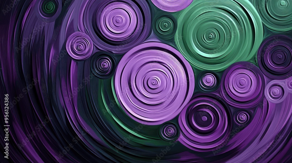 Abstract concentric circles of varying sizes, in shades of purple and green, creating a vibrant, dynamic visual effect Abstract concentric circles of varying sizes, in shades of purple and green, creating a vibrant, dynamic visual effect