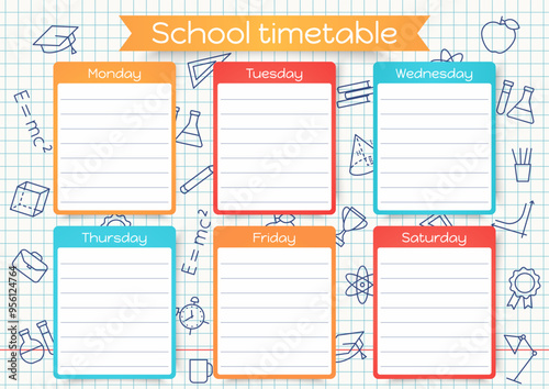 School timetable. Weekly time table with lessons. Student plan template. Schedule for kids on checkered paper with linear school icons. Vector illustration. Educational classes diary on English, A4.