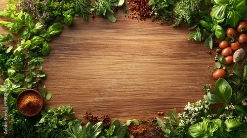 Freshly Harvested Herbs and Spices Surrounding a Wooden Cooking Board